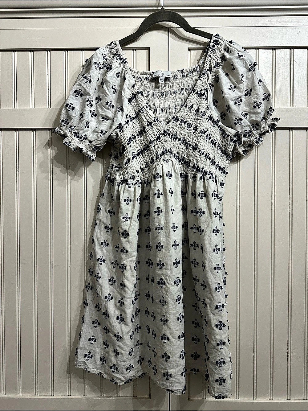 Patrons of Peace Smocked Mini Dress in White & Blue Size Large